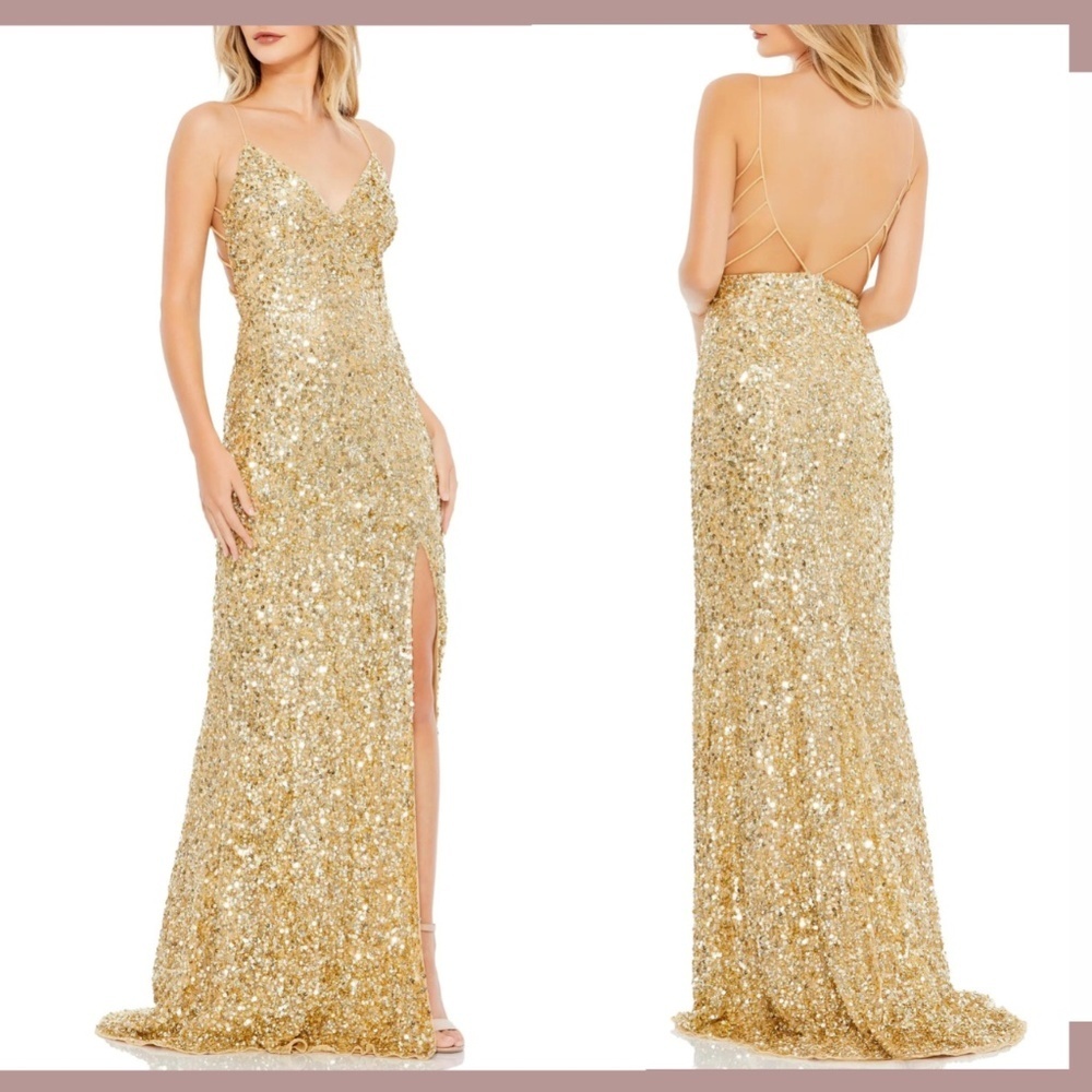 NEW Mac Duggal [ 2 ] V-Neck Sequin Strappy Back Column Gown in‎ Gold